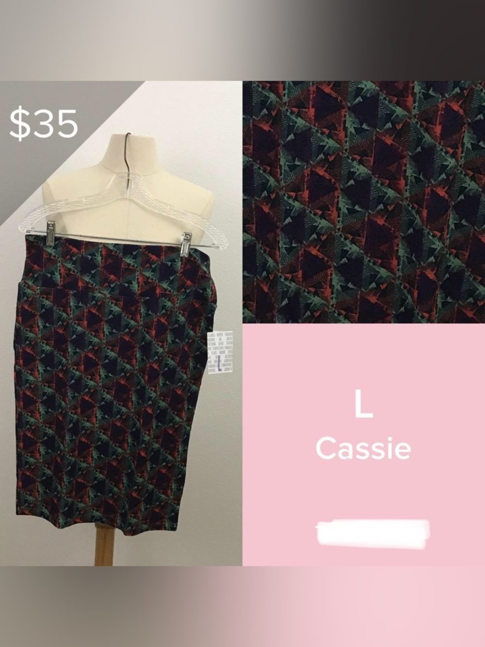 LuLaRoe Cassie Pencil Skirt in Green and Rust Geometric Print